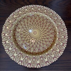 Vietri Peacock Feather Gold Platter Charger Dish Plate NWT